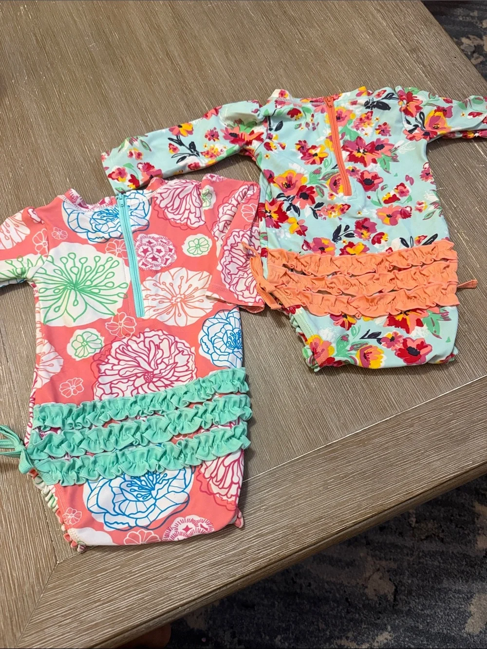 Ruffle Butts Coral & Mint Floral Long Sleeve One-Piece Swim